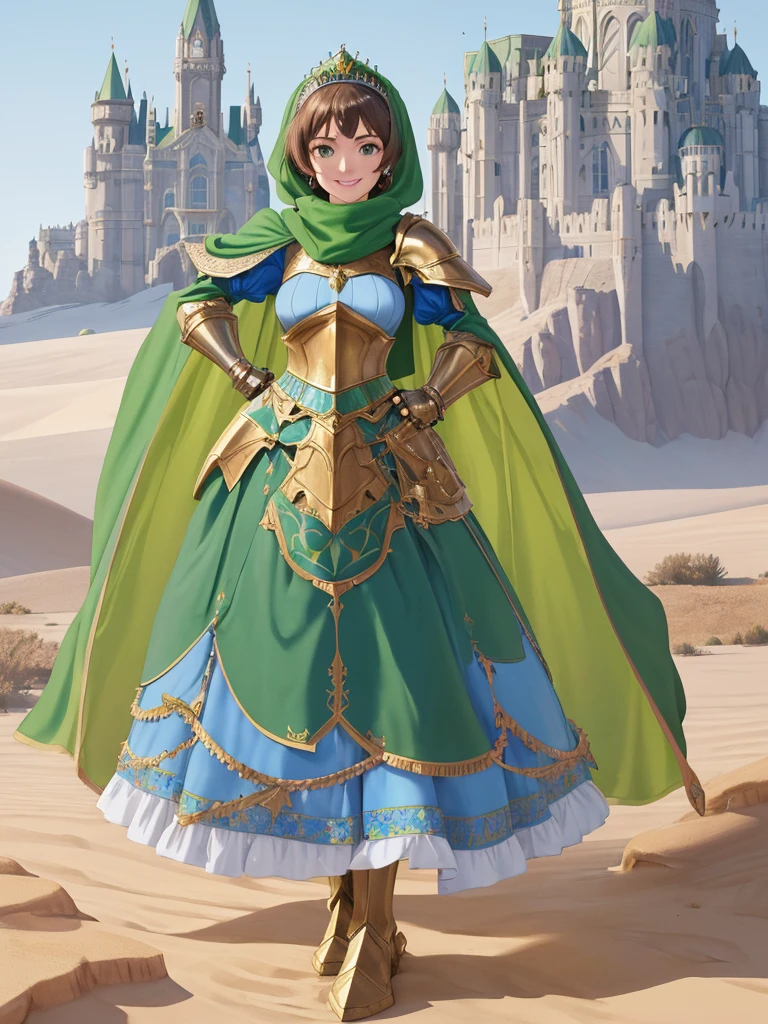 masterpiece, best quality:1.2), 1girl, smile, looking at viewer, green eyes, short brown hair, princess, armor, blue hijab headscarf, pauldrons, armored dress, green cloak cape, wearing puffy blue ballgown skirt, golden tiara with green gem, armored boots, fingerless gloves, standing in front of desert castle