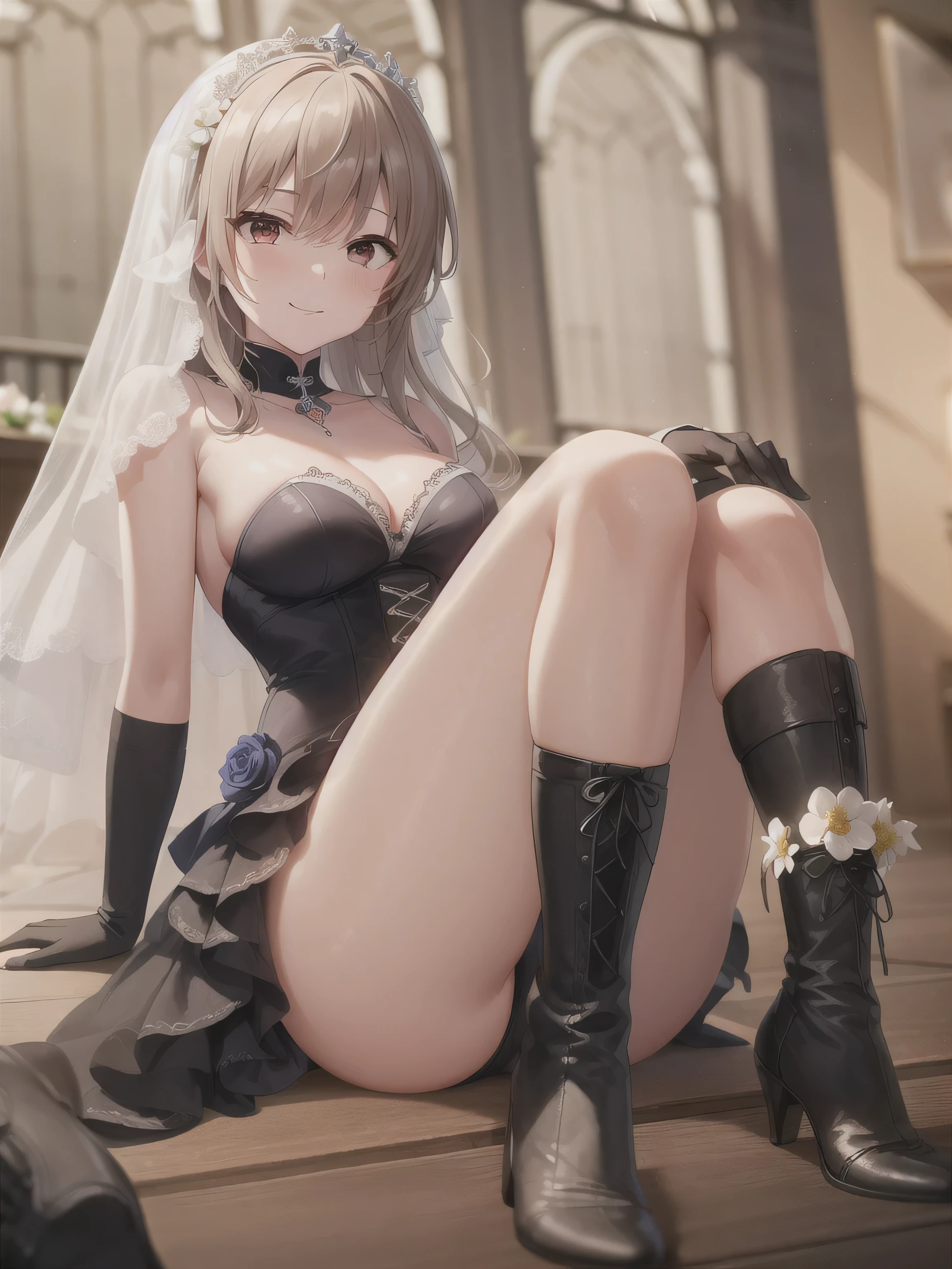 A girl,Long hair, bangs, White hair, Hair between the eyes, s eyes:(1.5), (Medium breasts:1.2),
rest clavicle, Wedding dress,Veil,wedding,Black dress,Flowers,The skirt is broken,Black socks,Black knee socks,Black gloves,boots,Cleavage,
Looking at the audience, whole body,
indoors, church,permanent,permanent,Smile,With one eye closed,
rest (masterpiece:1.2), best quality, high resolution, 8k wallpaper, (illustration:0.8), (Beautiful and delicate eyes:1.6), Extremely detailed face, Perfect lighting, Extremely detailed CG, (Perfect hands, Perfect anatomical structure),
