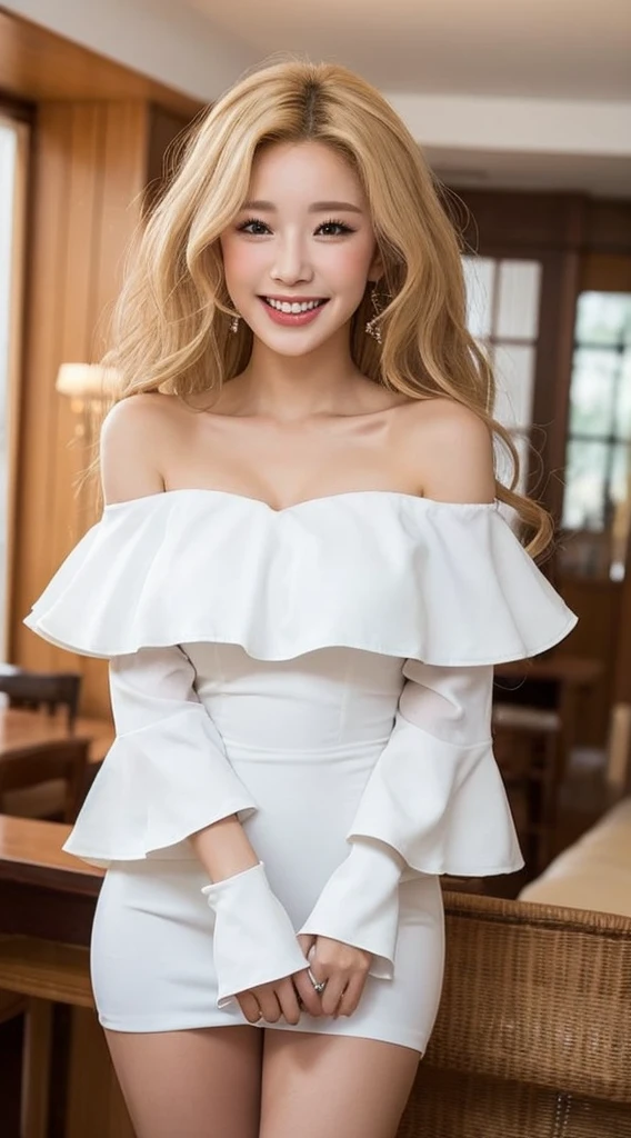 Surreal beautiful woman with blonde wavy hair and a big smile on her face.South Korea.Pure white off-shoulder low-cut dress.role play