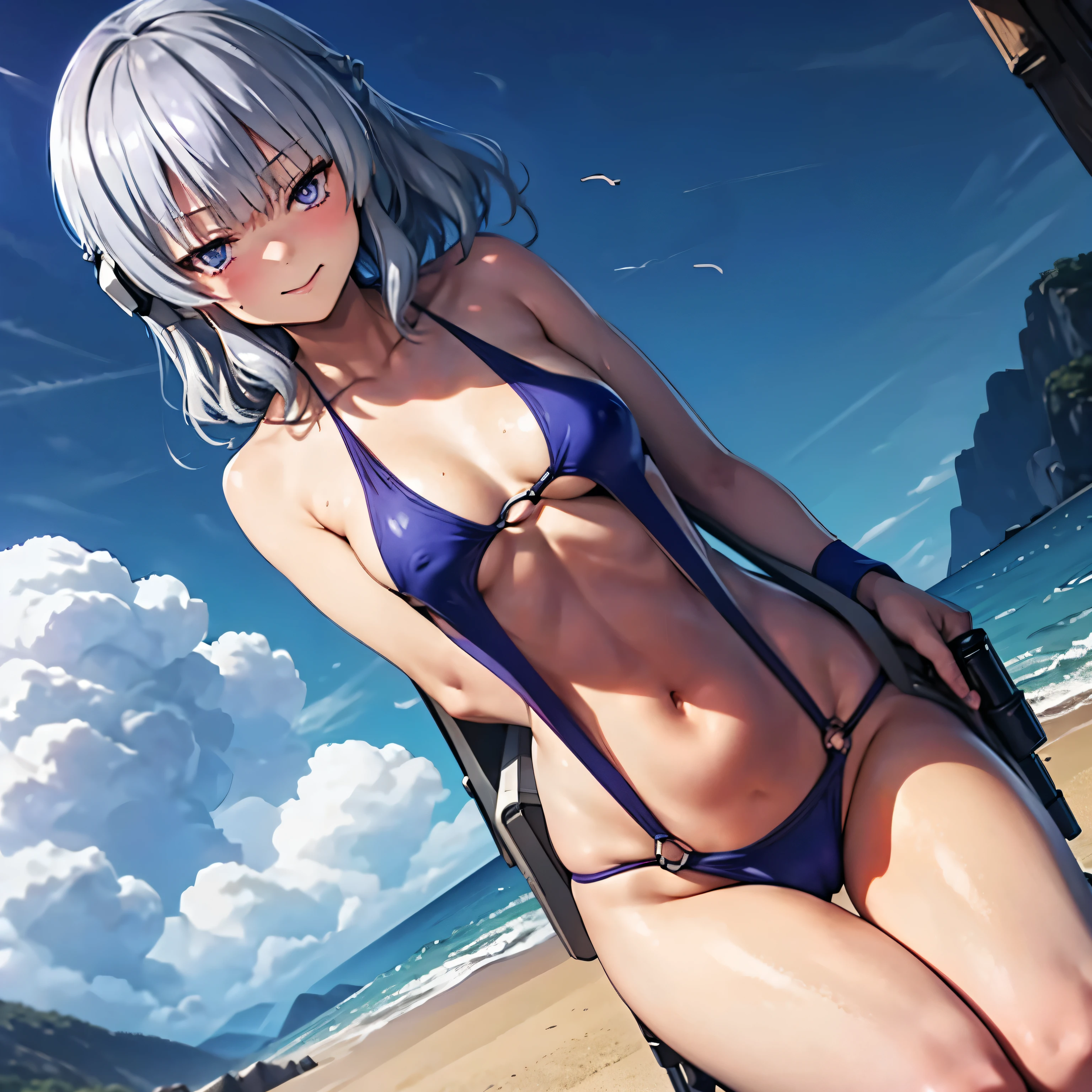 Imperial Guard Combat Uniform Swimsuit, o-ring bikini, v gundam, swimsuit, absurdres, highres, solo, cowboy shot, 1girl, neneka nibrou \(cosplay\), wristband, headphone, holster, backpack, holding gun, aiming, perfect hands, wind, (highres,best_quality,masterpiece), small breast, Sakayanagi Arisu, silver hair, purple eyes, bangs, medium hair, bow, 