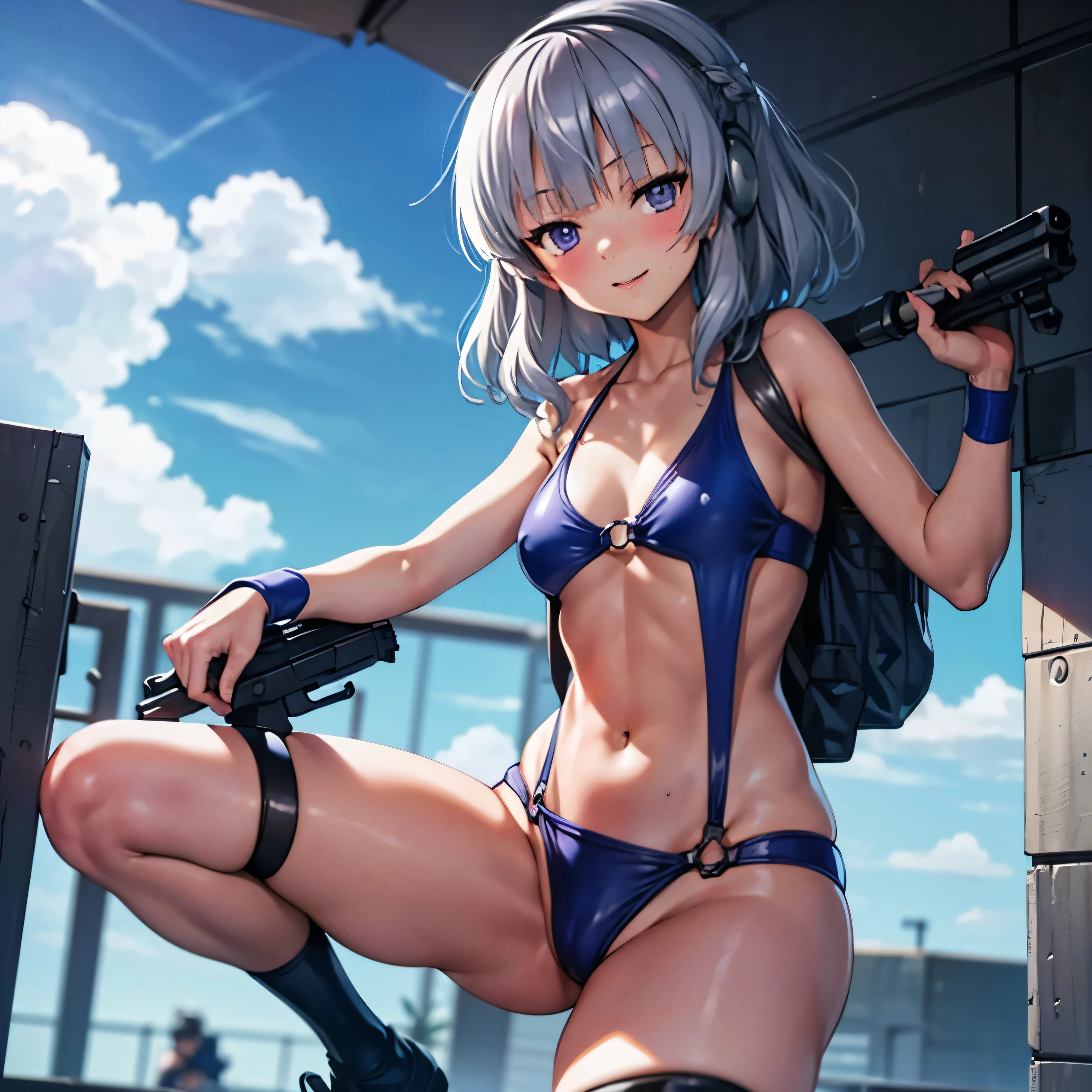 Imperial Guard Combat Uniform Swimsuit, o-ring bikini, v gundam, swimsuit, absurdres, highres, solo, cowboy shot, 1girl, neneka nibrou \(cosplay\), wristband, headphone, holster, backpack, holding gun, aiming, perfect hands, wind, (highres,best_quality,masterpiece), small breast, Sakayanagi Arisu, silver hair, purple eyes, bangs, medium hair, bow,