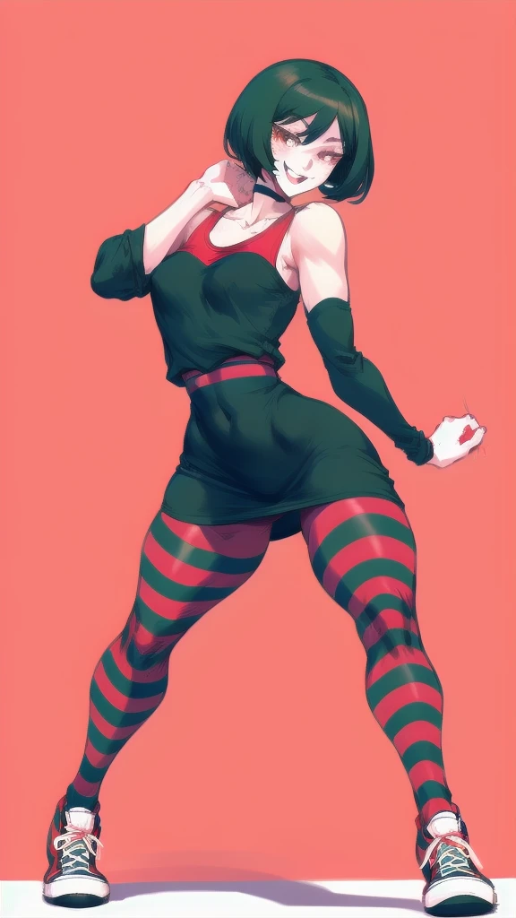 one naked girl legs up, red hairs, mohawk hairstyle, green checkered stockings, smiling, red high heels