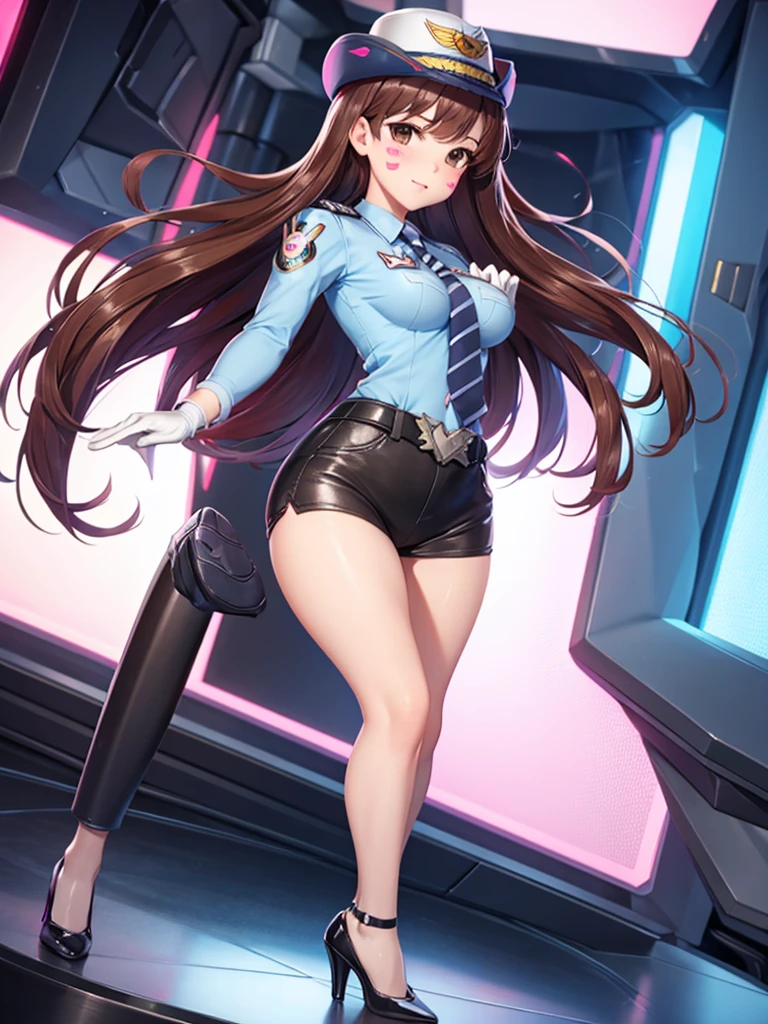 officer dva, solo girl, medium breast, wide hips, thighs, full body, high heels