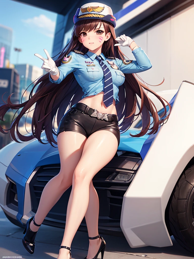 officer dva, solo girl, medium breast, wide hips, thighs, full body, high heels