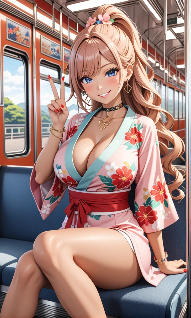 ultra-detailed, ((one girl)), (tan skin improved:1.1), in pastel colors gyaru, (sweat skin), (heavy makeup), hyper detailed, absurdres, 8K, Beautiful Face, (Laugh shyly), ((teasing smile:1.8)),((Wink:1.6)), (Laugh with your mouth wide open),((Tilt your head:1.6)), View your viewers, ((Bright red cheeks:1.6)),Glossy Red Lips, ((Big Breasts:1.5)), ((show off breast)), noon, on the train,sit, ((Anime style background)),masterpiece, Highest quality, so beautiful,Latest, Complex details, (Pink long nails), (nail art), (ring),(bracelet), (Floral Choker),AI-generated, Complex,High resolution, Highest quality, super high quality,3D Images、3D Images,One person,Yellow long hair,(High Ponytail), (wavy hair:1.3), (blue eyes), Anime woman posing for a photo, ((Fine grain、blue eyes、glowing eyes:1.4)), (Squint your eyes:1.1),a hyperRealistic , hyperRealistic , Realistic,Anime woman with long yellow hair, Smooth anime CG art, A girl wearing a pastel-colored kimono, ((Pastel-colored furisode)),(Pink large floral pattern) ,Long flower hair ornament,Floral Earrings,Mature Body, tall,Narrow waist, ((Crossing your legs:1.3)),((make a peace sign:1.3)),