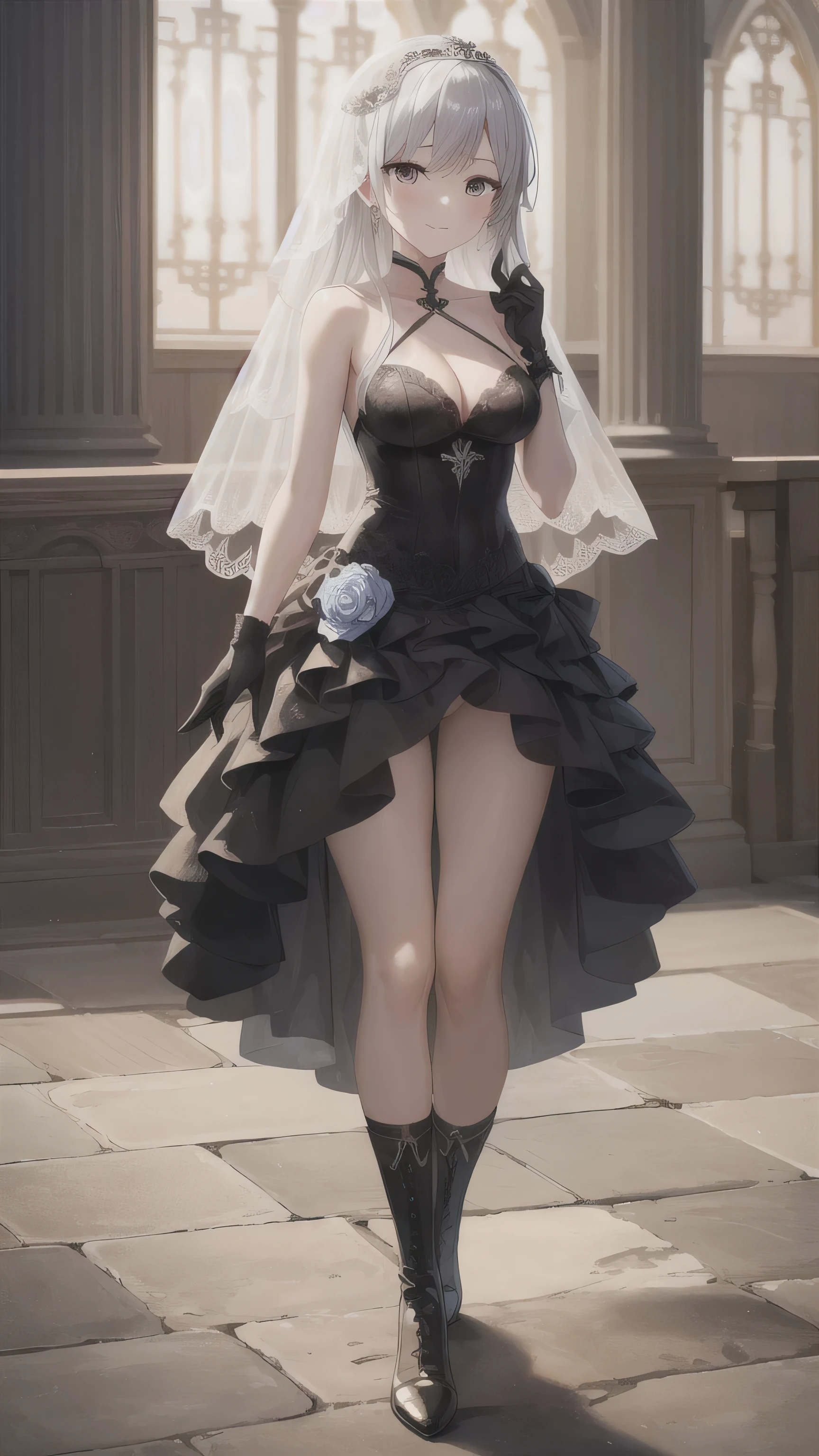 A girl,Long hair, bangs, White hair, Hair between the eyes, s eyes:(1.5), (Medium breasts:1.2),
rest clavicle, Wedding dress,Veil,wedding,Black dress,Flowers,The skirt is broken,Black socks,Black knee socks,Black gloves,boots,Cleavage,
Looking at the audience, whole body,
indoors, church,permanent,permanent,Smile,With one eye closed,
rest (masterpiece:1.2), best quality, high resolution, 8k wallpaper, (illustration:0.8), (Beautiful and delicate eyes:1.6), Extremely detailed face, Perfect lighting, Extremely detailed CG, (Perfect hands, Perfect anatomical structure),