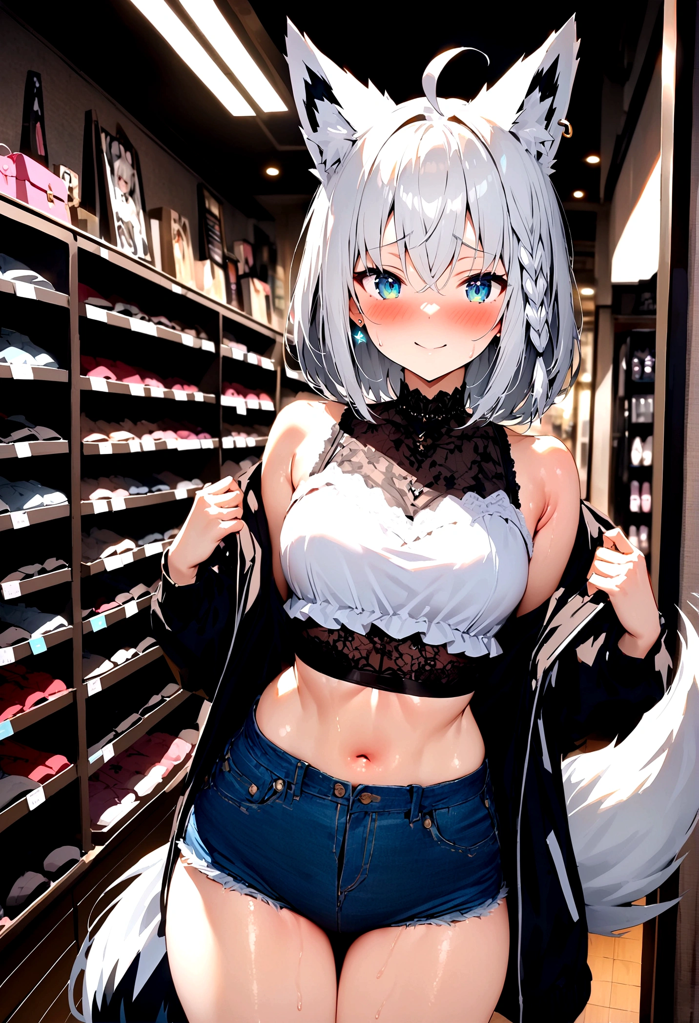 NSFW,masterpiece,Highest quality,High resolution,Super detailed,Shirakami Fubuki\(Hololive\),Gray Hair、One-sided braid、Ahoge、Earrings,Fox ears,Fox tail,Jacket,Crop top shirt,Denim shorts,Embarrassed,blush,Expecting face,Bewitching Smile,Shy smile,(Lingerie Shop),(Underwear section),High-end store,Cute pose,Date,(Seduce)