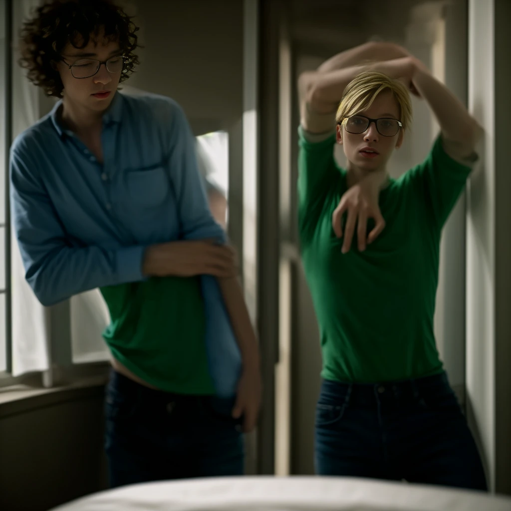 A slender blond man in a white t-shirt and loose shorts sits on the counter with his arms around his neck and his legs behind his waist. A tall man in a black t-shirt and black shorts is standing and pretending to carry someone. In the kitchen, an angled top view, dark and night-like tones, semi-realistic image. Giant size difference