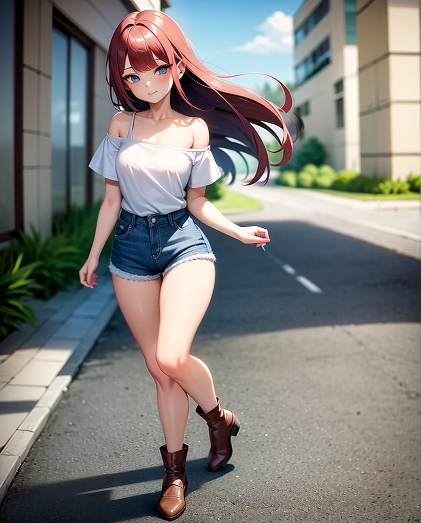 sexy young girl, long hair strong red hair, de blue eyes, Short white off-the-shoulder shirt, bright blue short jean shorts, mirada happy, happy, short brown boots, walking, con su hija pequeña de cabello gris de blue eyes, little daughter gray hair, blue eyes