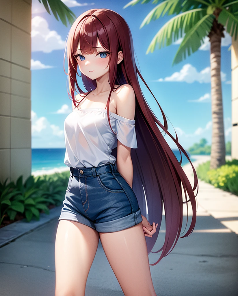 sexy young girl, long hair strong red hair, de blue eyes, Short white off-the-shoulder shirt, bright blue short jean shorts, mirada happy, happy, short brown boots, walking, con su hija pequeña de cabello gris de blue eyes, gray hair, blue eyes