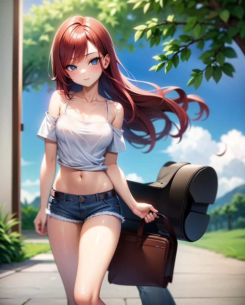 sexy young girl, long hair strong red hair, de blue eyes, Short white off-the-shoulder shirt, bright blue short jean shorts, mirada happy, happy, short brown boots, walking, con su hija pequeña de cabello gris de blue eyes, little daughter gray hair, blue eyes