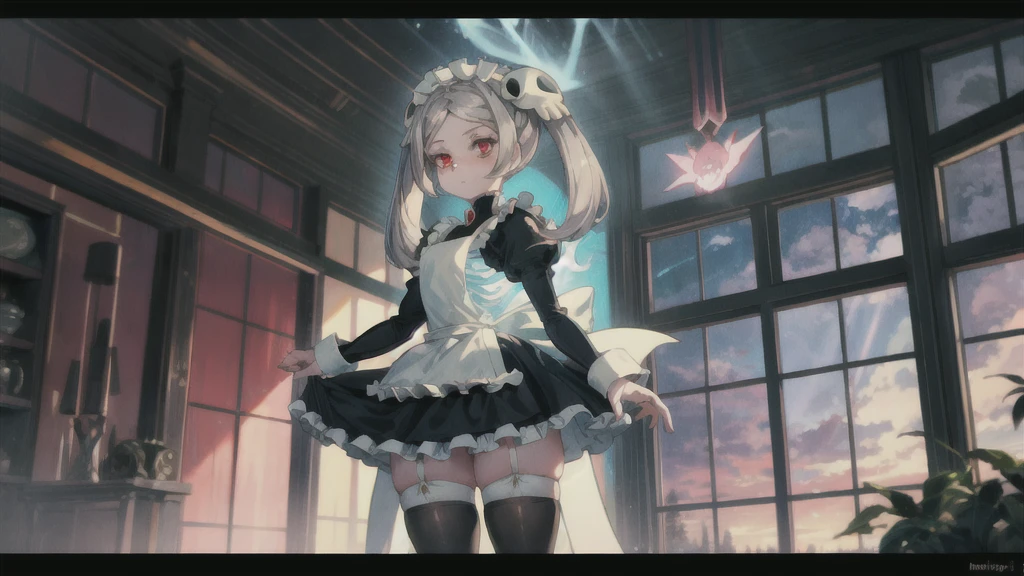 1girl, solo, indoors, skg_marie, maid, maid apron, maid headdress, twin tails, skull hair ornament, mary janes, white thighhighs, juliet sleeves, light rays, glow, (masterpiece), wallpaper, 1girl, solo, skg_marie, maid, maid apron, maid headdress, twin tails, skull hair ornament, red brooch, juliet sleeves, light rays, glow, (masterpiece), highlight thighs, seductive pose, thick thighs
