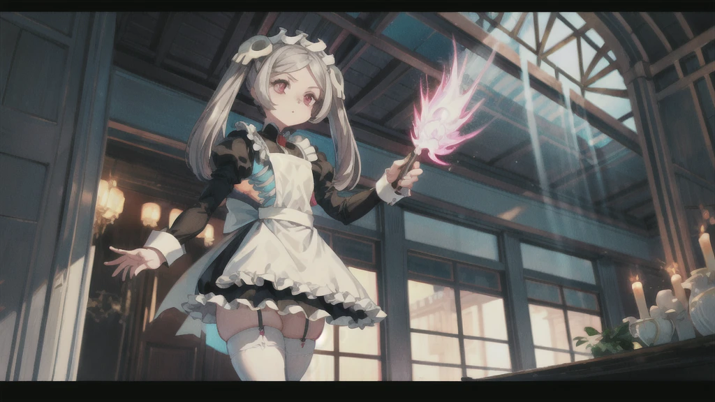 1girl, solo, indoors, skg_marie, maid, maid apron, maid headdress, twin tails, skull hair ornament, red brooch, juliet sleeves, light rays, glow, (masterpiece), thick thighs, standing, wide hips, thick ass