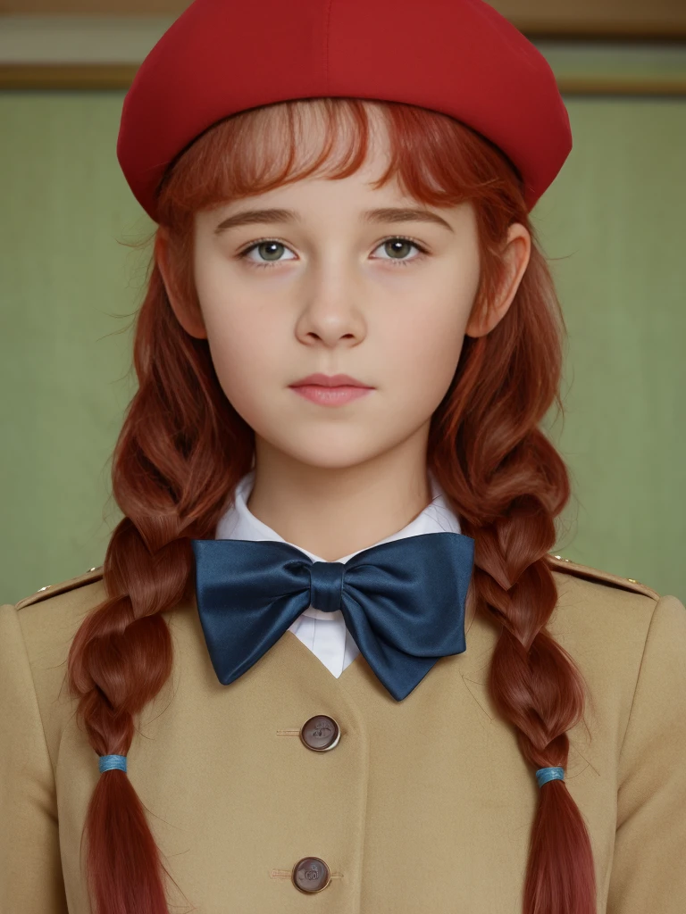 (best quality,4k,8k,highres,masterpiece:1.2),ultra-detailed,(realistic,photorealistic,photo-realistic:1.37), ((a girl in classroom, she wears uniform and beret, shy, braided red hair)), ((slim body, very large bust size for her young age))