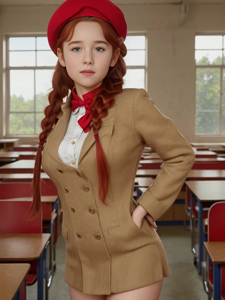 (best quality,4k,8k,highres,masterpiece:1.2),ultra-detailed,(realistic,photorealistic,photo-realistic:1.37), ((a girl in classroom, she wears uniform and beret, shy, braided red hair)), ((slim body, very large bust size for her young age))