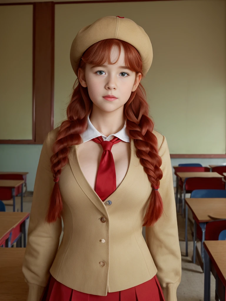 (best quality,4k,8k,highres,masterpiece:1.2),ultra-detailed,(realistic,photorealistic,photo-realistic:1.37), ((a girl in classroom, she wears uniform and beret, shy, braided red hair)), ((slim body, very large bust size for her young age))