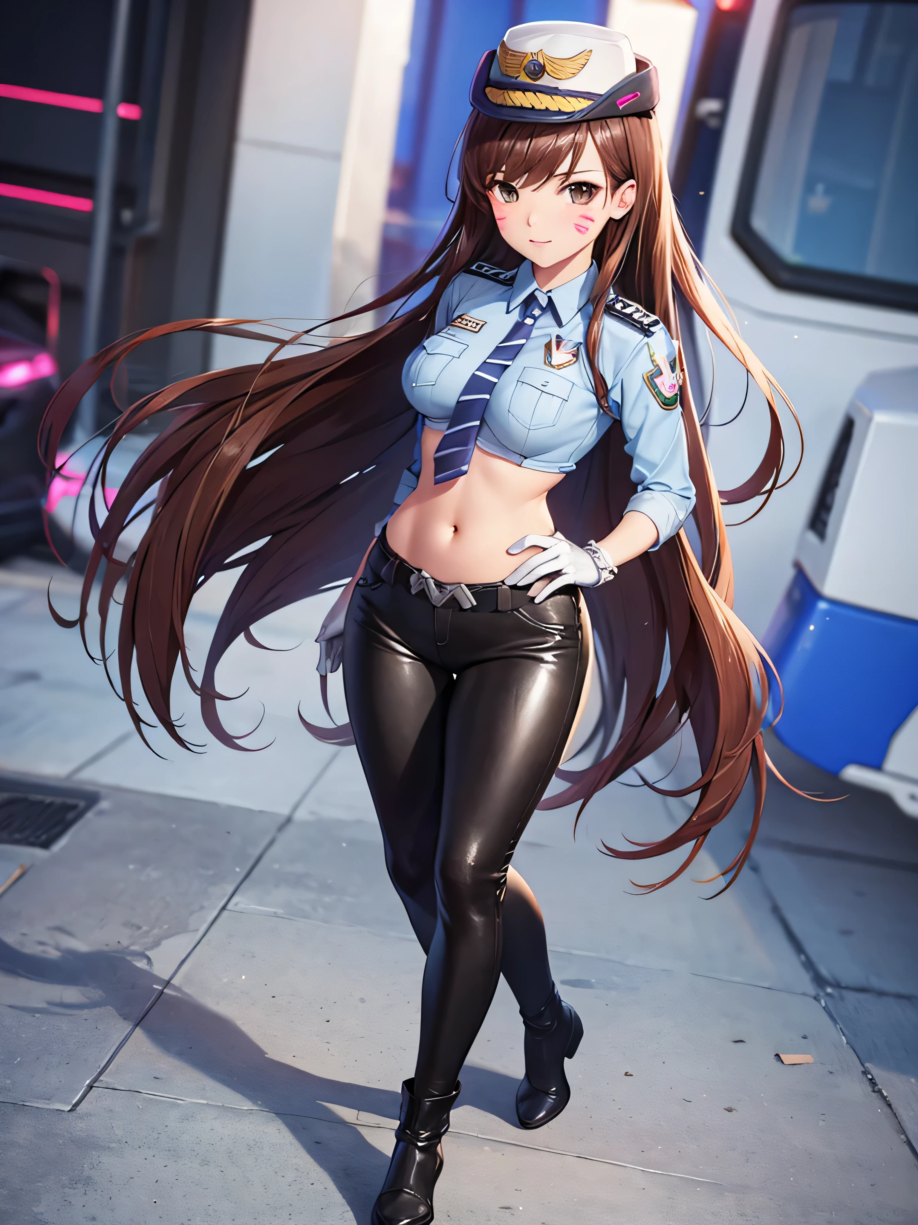 officer dva, solo girl, medium breast, wide hips, thighs, full body, leather pants