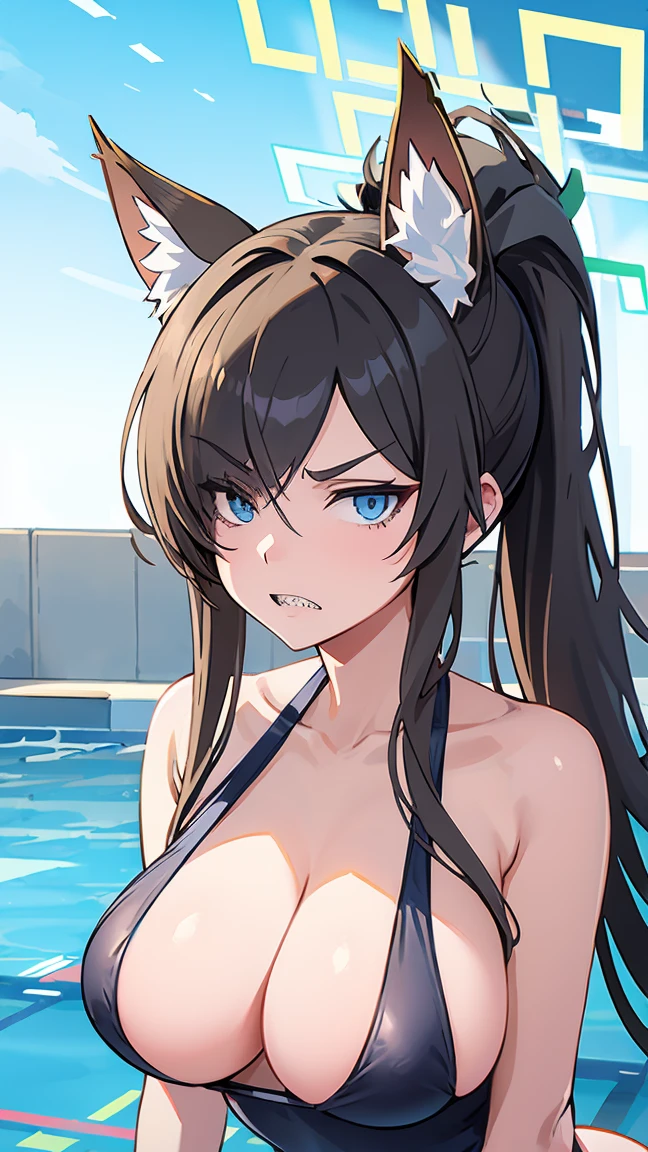 Kanna Ogata（Blue Archive）,Blonde ponytail,Grey gap,Glaring at me,Wolf Ears,One eye is covered by hair,White competitive swimsuit,Large Breasts,Poolside Background,Square halo above head,Jagged teeth,