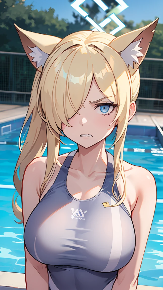Kanna Ogata(Blue Archive),Blonde ponytail,Grey gap,Glaring at me,Wolf Ears,One eye is covered by hair,White competitive swimsuit,Large Breasts,Poolside Background,Square halo above head,Jagged teeth,