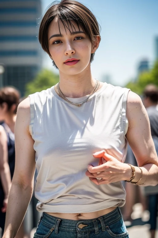 (nsfw:-2.0), (realistic, photo-realistic:1.4), (masterpiece, best quality:1.2), RAW photo, high resolution, intricate details, extremely detailed, realistic and sharp details, solo, a Japanese trans woman walking, looking at viewer, view from below, (wearing pants, sleeveless t-shirt:1.5), dark hair, very short hair, detailed face, detailed eyes, pale skin, fine-textured skin, sweaty, shiny skin, (futanari, futa, crossdresser, transgender, transsexual), (bulgeJ8, big bulge in pants, cloth bulge:1.5), photo background, outdoors, downtown, public park, holiday, daytime,