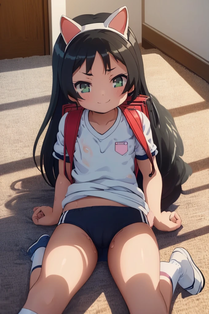 masterpiece, ultra quality, ultra sharp, ultra detailed, 1girl, solo, (good anatomy), haduki kurumi, (tattered torn dripping wet white gym shirt), navy gym pants, animal ears, randoseru, name tag, Japanese anime pose, laugh, BurumaShorts, Buruma, Gym Uniform, (((lying:1.4, spread_legs, legspread, split_legs, spreading legs)), (randoseru backpack:1.4), (((smirk smile))):1.4, buruma, blue buruma, black buruma, (cameltoe), (tattered torn short sleeve white gym uniform with colored hem), (tiny nipples), (white long loose socks), strong lighting, legspread, bukkake, cum on clothes, cum on legs, cum on buruma, cum on bloomers,