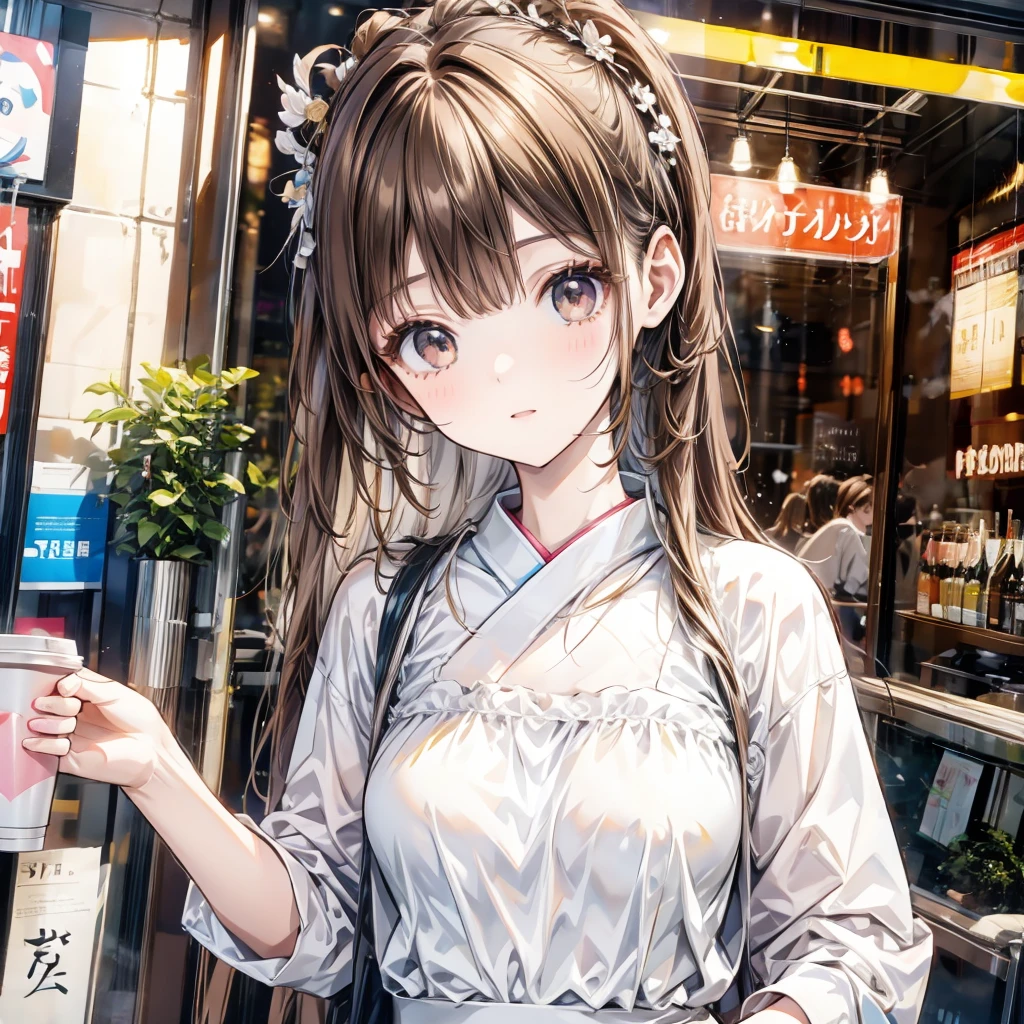  girl holding a coffee cup, cute girl, Cute and delicate face, cute slender face, hayami, Chiho, Yoshitomo Nara, Young cute face, beauty japanese girl face, Brown hair and big eyes, Cute and beautiful girl, beauty