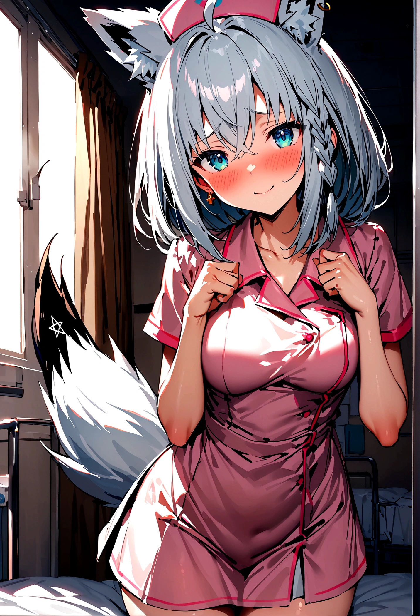 NSFW,masterpiece,Highest quality,High resolution,Super detailed,Shirakami Fubuki\(Hololive\),Gray Hair、One-sided braid、Ahoge、Earrings,Fox ears,Fox tail,Small breasts,nurse,Pink Nurse Uniform,Nurse cap,Stethoscope,Embarrassed,blush,Expecting face,Feeling face,(Ecstasy face),(Ahegao),Sexy look,Hospital at night,Examination room,desk,pc,Chair,(Seduce),Cleavage,examine,Chairに座っている,Leg spread,Rub your own breasts,(Masturbation),(Squirting),From before