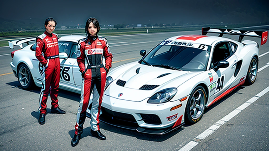 sports car、Old cars、Japanese、Two very different drivers、Racing Suits、Stand next to the car、Circuit、Photorealistic、