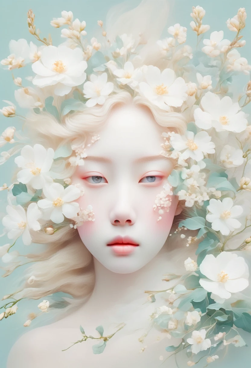 Blonde，White flowers on the face and eyes, Ultra-fine inspired by Hsiao-Ron Cheng, tumblr, Aestheticism, Gu Weiss, artwork in the style of Gu Weiss, Pastel, james jean 和 wlop, makoto kobayashi, Has a blooming and ethereal effect, Blurred dream illustration, Gu Weiss masterpiece