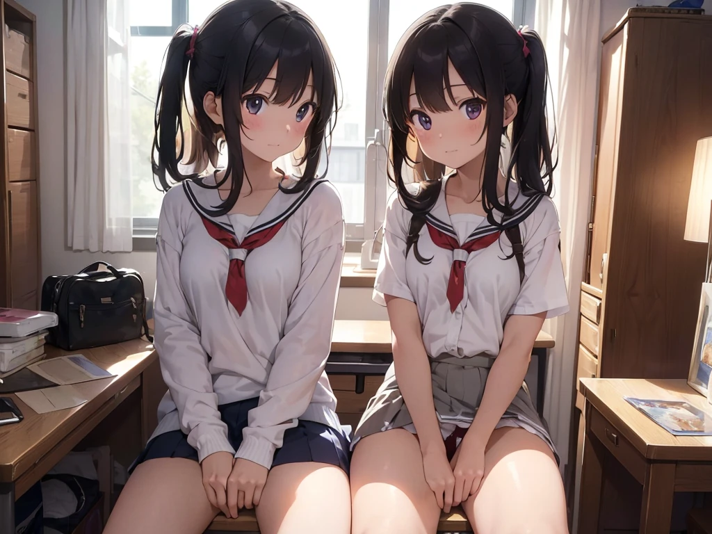 ((Highest quality)), ((masterpiece)), (detailed),Perfect Face,Strong light from the front,With front light,Two naked middle school sisters in a school clubroom open their clothes, take off their skirts and panties, and spread their legs wide open to show the camera a close-up of their naked crotches.,