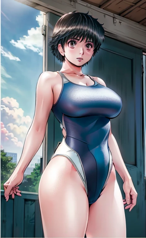 A boyish, short-haired beauty with big breasts and beautiful legs is standing with her legs spread apart in a competitive swimsuit.。