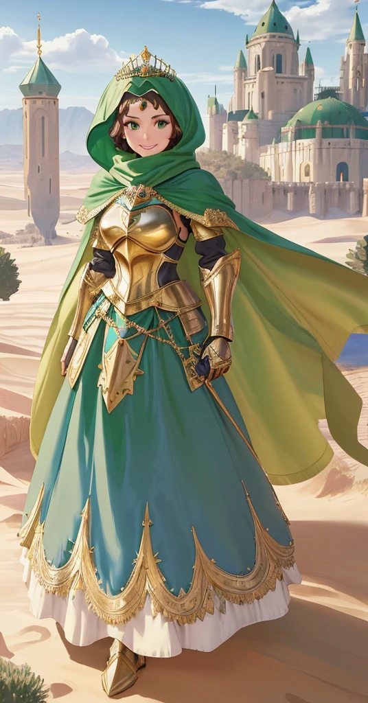 masterpiece, best quality:1.2), 1girl, smile, looking at viewer, green eyes, short brown hair, princess, armor, blue hijab headscarf, pauldrons, armored dress, green cloak cape, wearing puffy blue ballgown skirt, golden tiara with green gem, armored boots, fingerless gloves, standing in front of desert castle