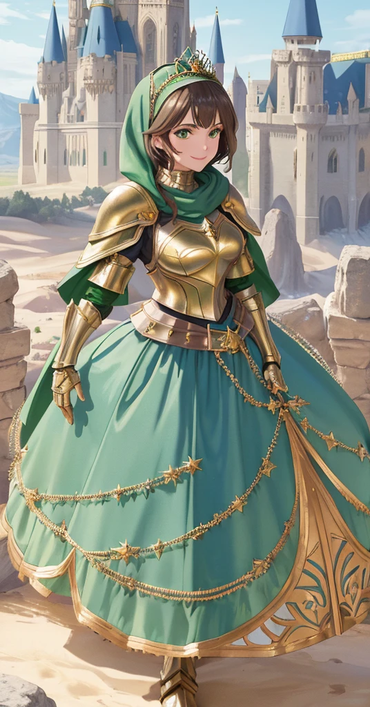 masterpiece, best quality:1.2), 1girl, smile, looking at viewer, green eyes, short brown hair, princess, armor, blue hijab headscarf, pauldrons, armored dress, green cloak cape, wearing puffy blue ballgown skirt, golden tiara with green gem, armored boots, fingerless gloves, standing in front of desert castle