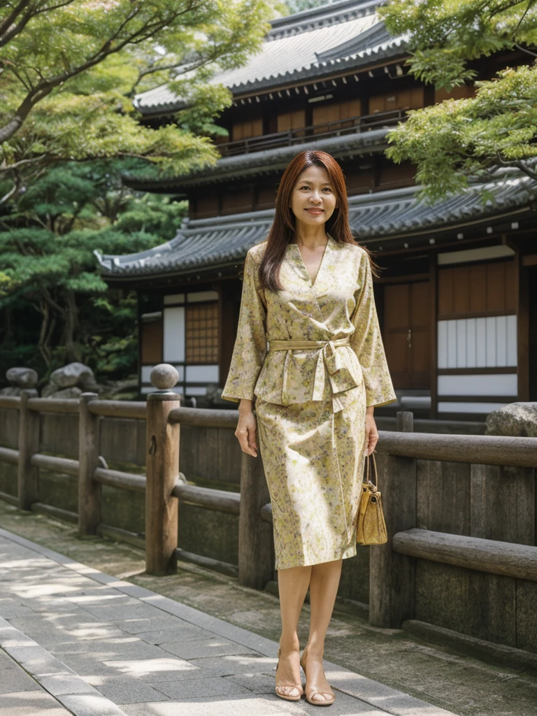 her name is Asako, high quality, 1girl, ((55-year-old Filipina woman)), ((55 years old)), ((slim)), ((long hair)), (((old body))) pose: standing, wearing stylish fashionable generation x wear different colored, BACKGROUND: In the serene gardens of Kyoto's Kinkaku-ji Temple