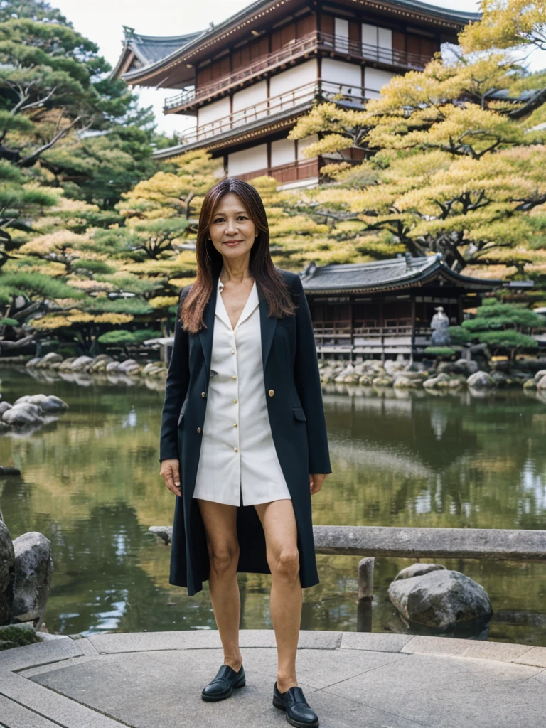her name is Asako, high quality, 1girl, ((55-year-old Filipina woman)), ((55 years old)), ((slim)), ((long hair)), (((old body))) pose: standing, wearing stylish fashionable generation x wear different colored, BACKGROUND: In the serene gardens of Kyoto's Kinkaku-ji Temple