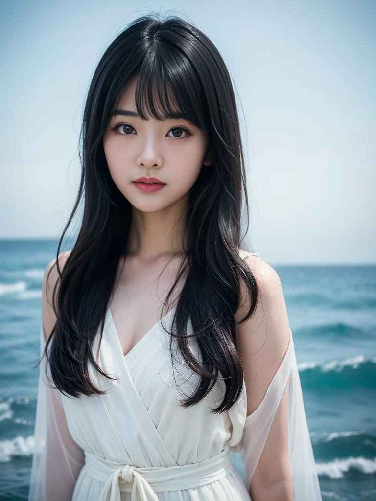 masterpiece、highest quality、cinema、(cute japanese woman、bangs:1.3)、23 years old、1 girl、elegant、black hair、(evening:1.1)、Ocean