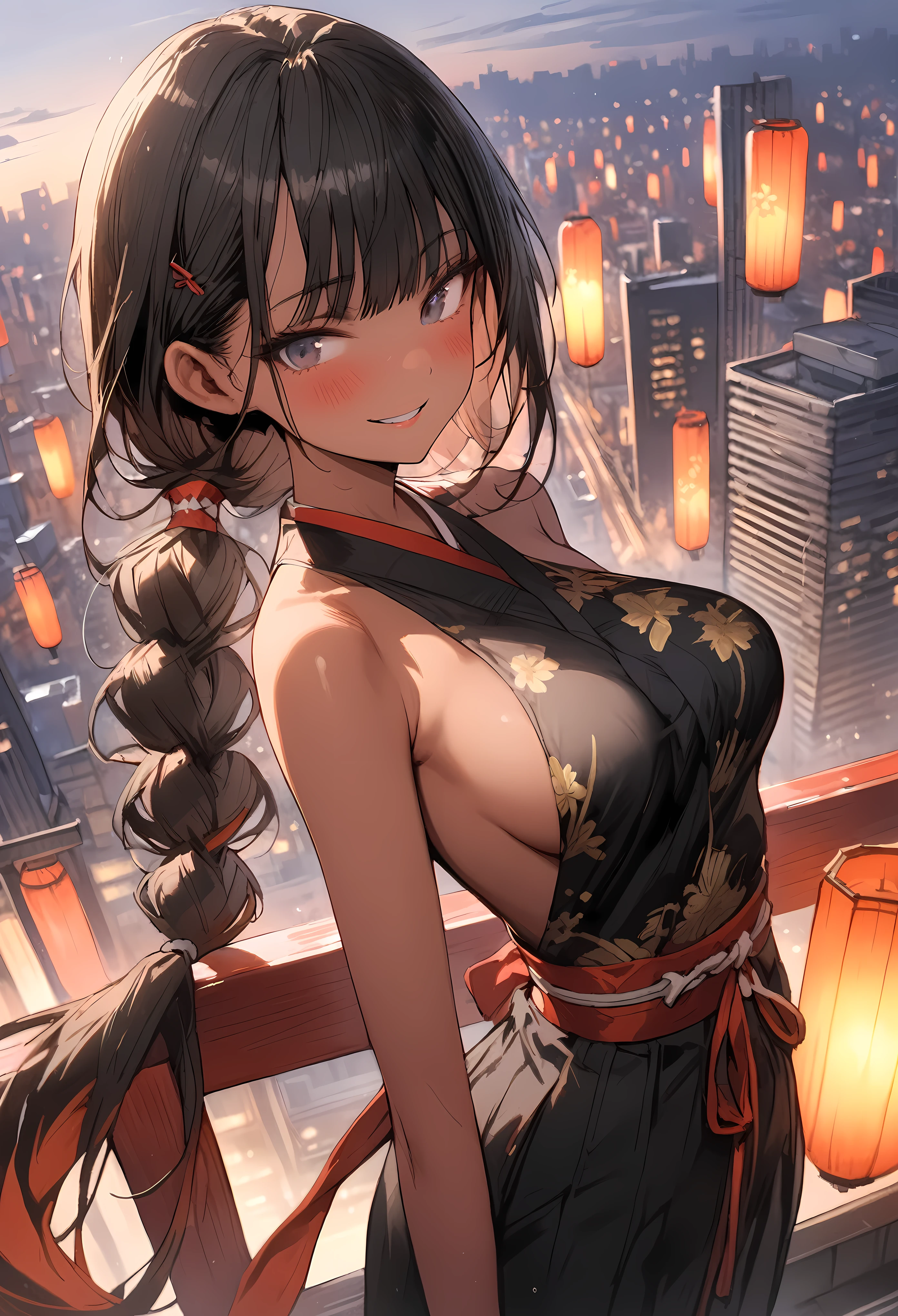 ((masterpiece,Highest quality:1.3,best quality illustration)), solo,1woman,(Mature Japan beauties)、black hair,(low ponytail hair style),long hair,blunt bangs,black eyes,gorgeous eyes,((very small head:1.3)),blush,smile,((very long body:1.2)),medium breasts,(tan skin), (gleaming skin,toned body,slender body, skinny),(Female Ninja Costume、A simple, patternless black kimono、Black Hakama),Looking down、standing,rooftop of high-rise building、Moonlit Night、Tokyo、