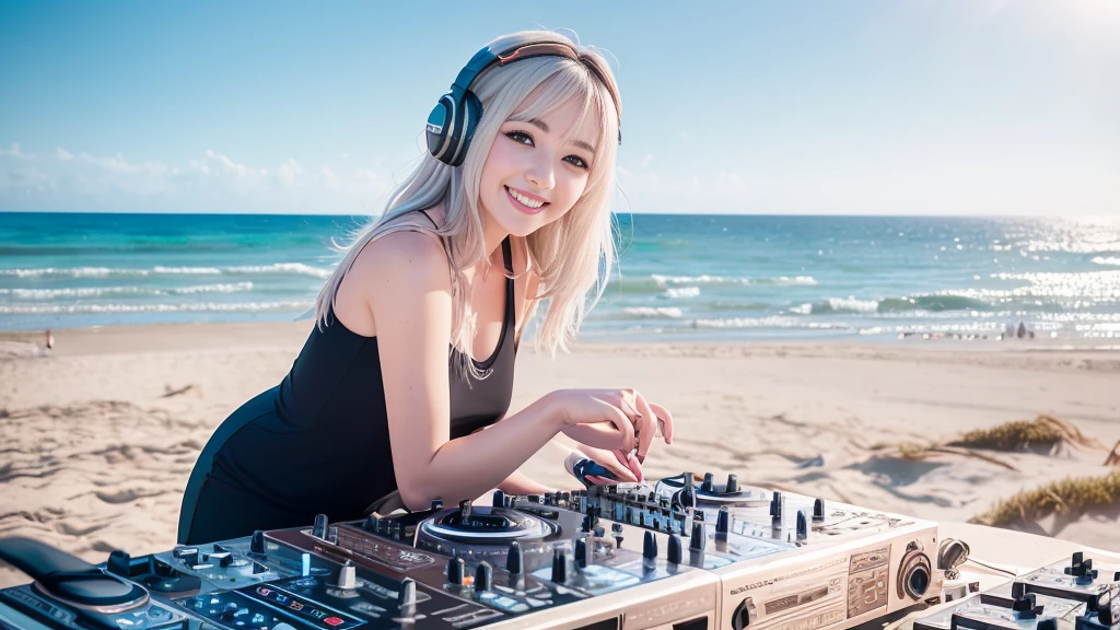 (ultra - detailed, 16K resolution, Cinema lenses, rendering by octane), (high resolution:1.18), intricate detail, (masterpiece:1.1), (highest quality:1.1), (1girl, portrait, white hair, blue eyes, short hair, detailed eyes),Wearing silver DJ headphones, sequined T-shirt, (in the beach:1.5), (Iconic hip-hop pop costumes:1.3), Smile while DJing on stage, DJ studio next to the beach, ((A stylish DJ stage on a hill overlooking the beach)), full body shot, Photorealistic photography by Sunshine, (cute round face:1.3), perfect fingers, five fingers, beautiful hands, perfect hands. master peace, cute smile, Fixhand.