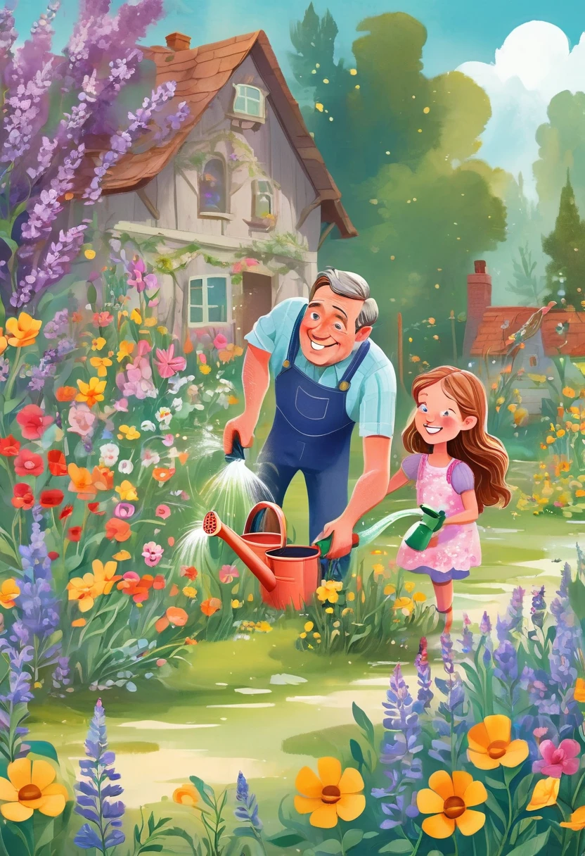 There is a middle-aged man and a little girl watering flowers, children's book illustration, children's book illustration, children's book illustration, commercial illustration, children's book illustration, flat illustration, detailed 2D illustration, 2D illustration, 2D illustration, children's book illustration, children's book illustration, illustration, children's illustration, professional illustration  