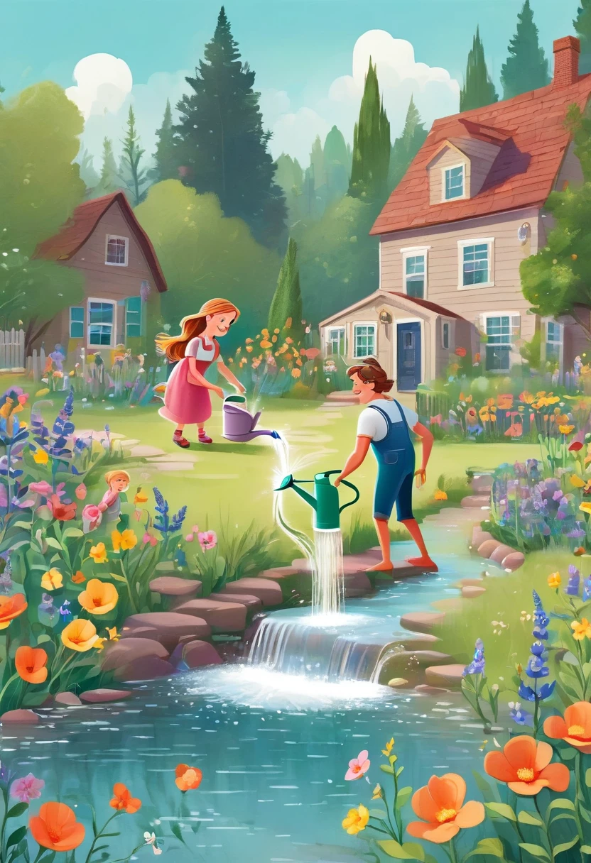There is a middle-aged man and a watering flowers, children's book illustration, children's book illustration, children's book illustration, commercial illustration, children's book illustration, flat illustration, detailed 2D illustration, 2D illustration, 2D illustration, children's book illustration, children's book illustration, illustration, children's illustration, professional illustration