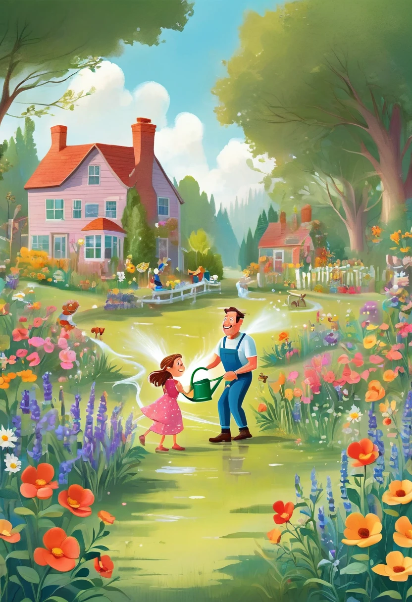 There is a middle-aged man and a girl watering flowers, children's book illustration, children's book illustration, children's book illustration, commercial illustration, children's book illustration, flat illustration, detailed 2D illustration, 2D illustration, 2D illustration, children's book illustration, children's book illustration, illustration, children's illustration, professional illustration