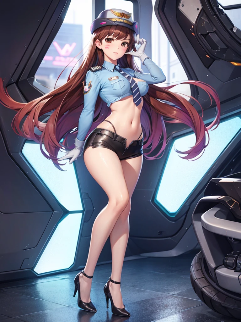 officer dva, solo girl, medium breast, wide hips, thighs, full body, high heels