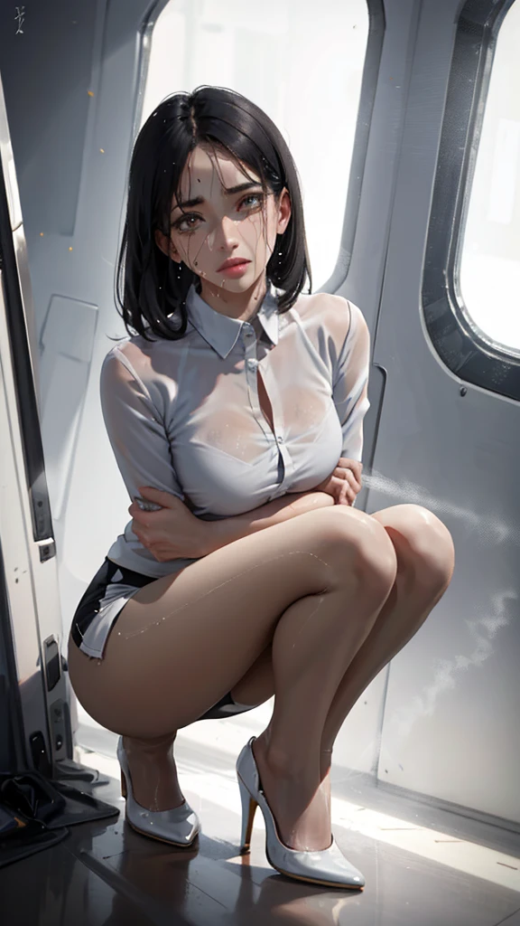 1 flight attendant, solo, , White high heels, White transparent skinny shirt, White mini skirt, masterpiece, The best quality at its best, Realistically, Super detailed, (Glossy Skin, Sweaty:1.4), Absurd, View your viewers, Short black hair, Brown-eyed,thin,Dynamic light and shadow,High resolution,Sharp focus,Depth of written boundary,The eyes are delicate,Sharp pupils,Student,(Round Breasts),(Long legs:1.4),plane,Crouching pose,Black Pantyhose,Cleanliness,livestock,Black Stockings,Cropped shoulders,Toes,