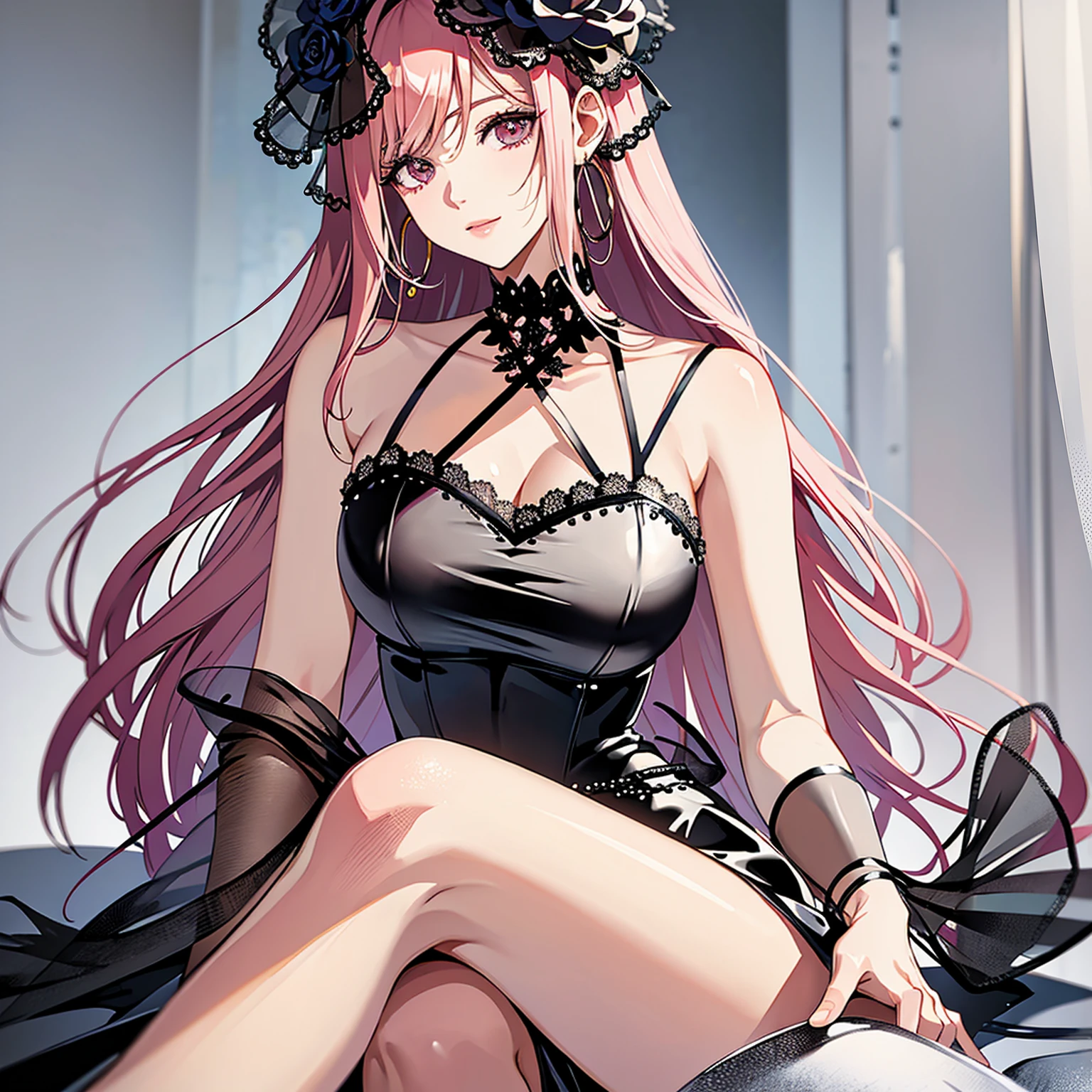 (masterpiece, high quality, best quality, 4k, 8k:1.4), 1girl, solo, pink hair, brown eyes, double-parted bangs, long hair, (mature female, mature:1.2), mole under eye, hoop earrings, gothic dark dress, detailed face, beautiful detailed eyes, beautiful detailed lips, extremely detailed face, long eyelashes, intricate details, soft lighting, soft color pallette, perfect anatomy