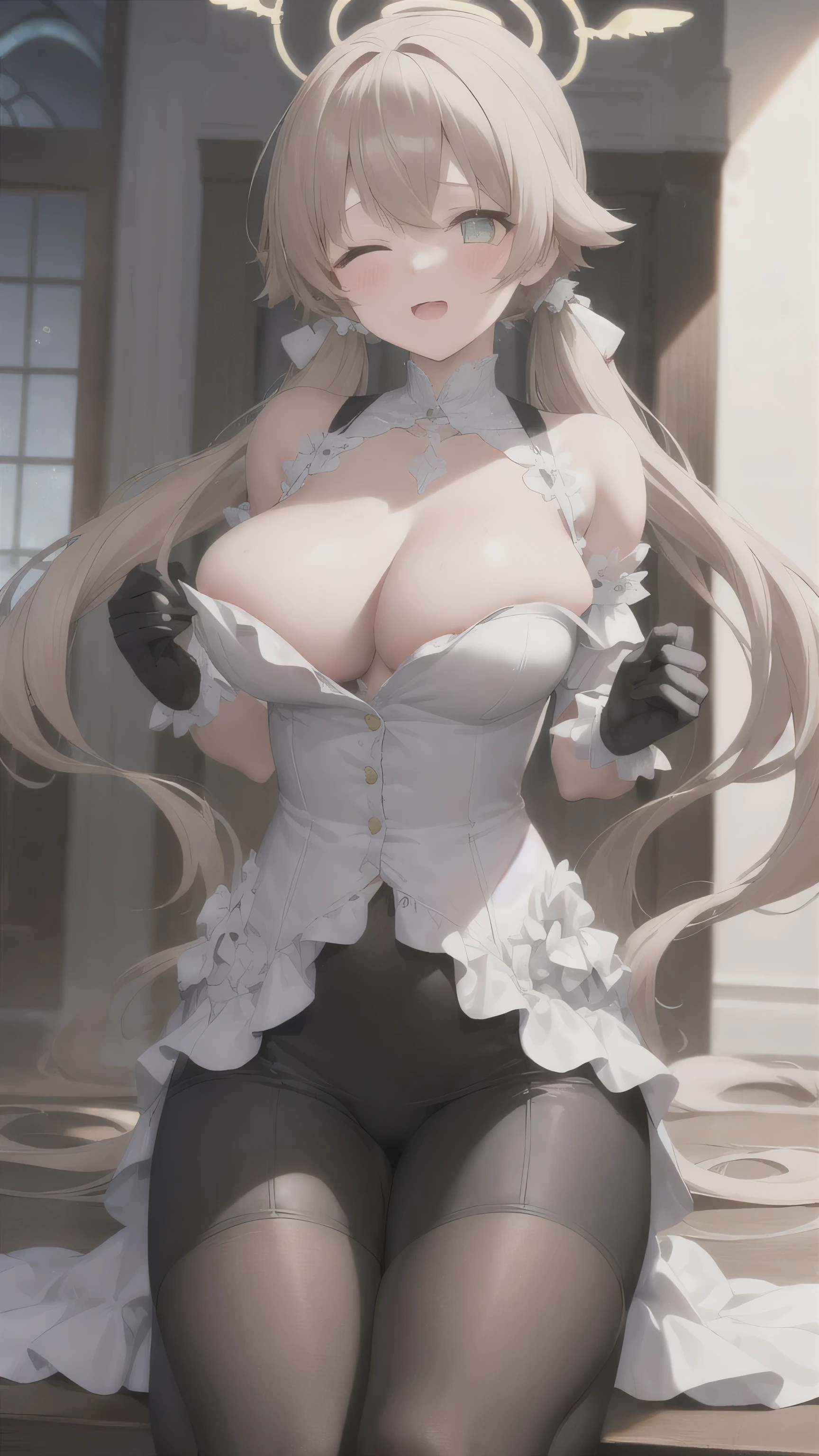 A girl，，Long hair, bangs, s hair, hair between eyes, s eyes:（1.5),  (in the breast:1.2), 
rest clavicle, Wedding dress，Veil，wedding，Black dress，Flowers，The skirt is broken，Black socks，Black knee socks，Black gloves，Long boots，Cleavage，
Looking at the audience, whole body, Open your mouth，Lol，
indoors, church，permanent，permanent，微Lol，With one eye closed，
rest (masterpiece:1.2), best quality, high resolution,  8k wallpaper, (illustration:0.8), (Beautiful and delicate eyes:1.6), Extremely detailed face, Perfect lighting, Extremely detailed CG, (Perfect hands, Perfect anatomical structure),