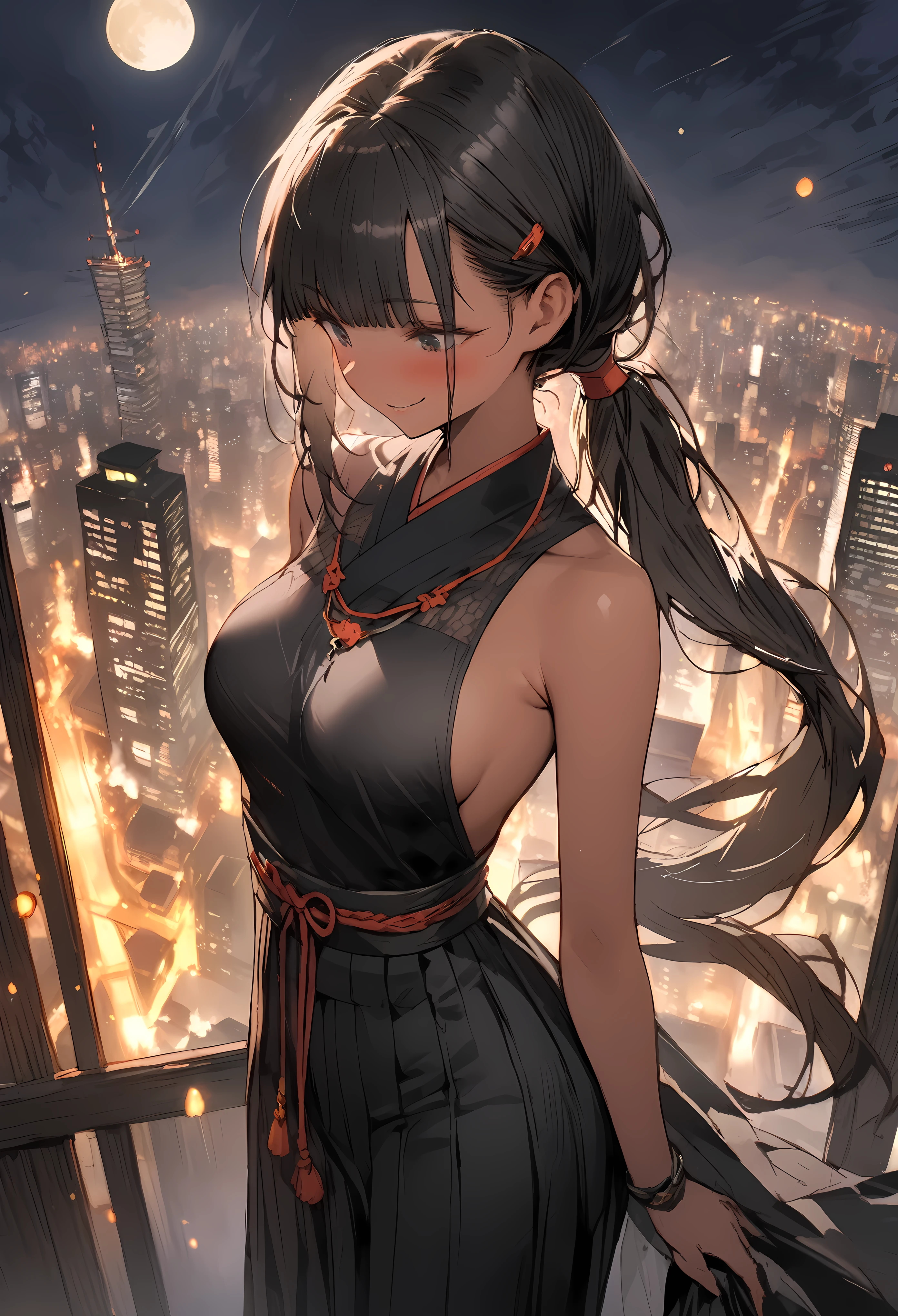 ((masterpiece,Highest quality:1.3,best quality illustration)), solo,1woman,(Mature Japan beauties)、black hair,(low ponytail hair style),long hair,blunt bangs,black eyes,gorgeous eyes,((very small head:1.3)),blush,smile,((very long body:1.2)),medium breasts,(tan skin), (gleaming skin,toned body,slender body, skinny),(Female Ninja Costume、A simple, patternless black kimono、Black Hakama),Looking down、standing,rooftop of high-rise building、Moonlit Night、Tokyo、