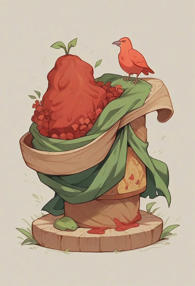 An elderly woman, adorned in traditional attire, carefully places bright red chili peppers on a large, artistic sculpture of a bird. The setting appears to be a rural village, with huts and other villagers visible in the background. The giant bird, entirely covered in chili peppers, adds a whimsical touch to the serene and culturally rich environment.