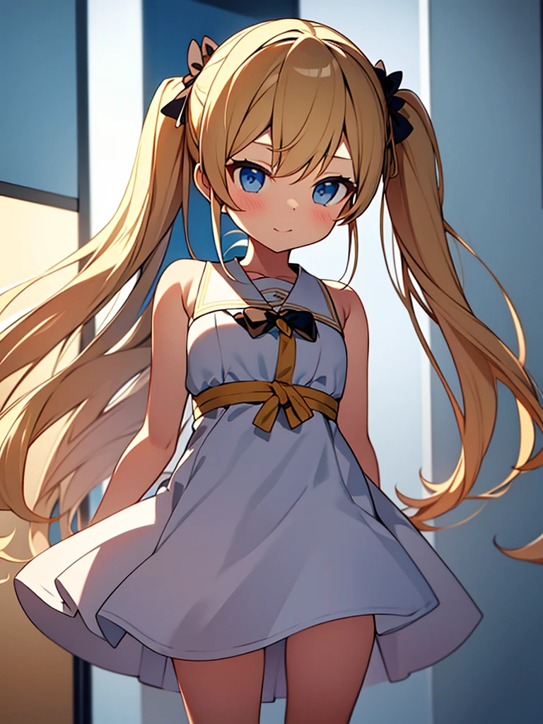 Blonde　Twin tails　11 years old　White dress　anime　whole body　Coming running