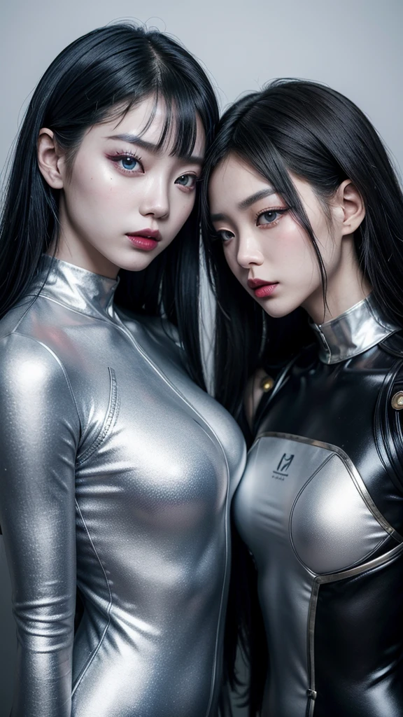 A stunning hyperrealistic photo of two Korean women dressed in a futuristic cyberpunk style. Both women are entirely painted in white, with metallic blue makeup accentuating their facial features. Their red lipstick contrasts sharply with their monochromatic outfits, which feature intricate gold details. The overall aesthetic of the image is sleek and modern, with a touch of otherworldly elegance.