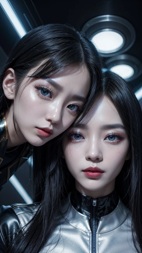 A stunning hyperrealistic photo of two Korean women dressed in a futuristic cyberpunk style. Both women are entirely painted in white, with metallic blue makeup accentuating their facial features. Their red lipstick contrasts sharply with their monochromatic outfits, which feature intricate gold details. The overall aesthetic of the image is sleek and modern, with a touch of otherworldly elegance.